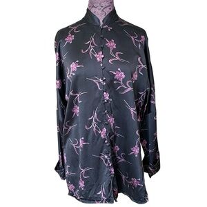 J. Peterman Vintage Black Purple Florals Silk Top